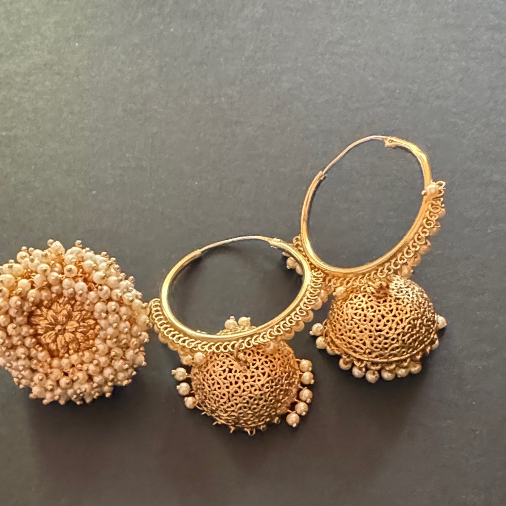 Gold Jhumka Hoop Earrings with Pearl Accents - Women Jewelry